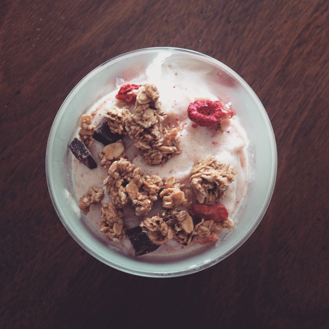 This morning's beauty: Strawberries +  PB protein powder + coconut milk +  dark chocolate granola.  Heaven!  I'm going to go out on a limb and say that my bodyweight x 5 squat had a little something to do with this.